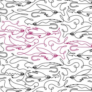 Puede incluir: Un patrón repetitivo de ilustraciones de líneas negras y magenta que representan moscas de pesca y sedales enredados sobre un fondo blanco. La esquina inferior derecha presenta un logotipo circular con el texto Hidden Thicket Quilt & Sew.