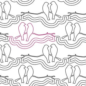 May include: A repeating pattern of stylized birds perched on branches, rendered in black and white. The design includes wavy lines and a pop of magenta. The overall theme suggests a nature or love-themed textile or paper design.