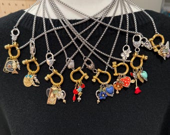 One of a Kind Mixed Metal Charm Necklace • Stainless Steel Carabiner Clasp Jewelry