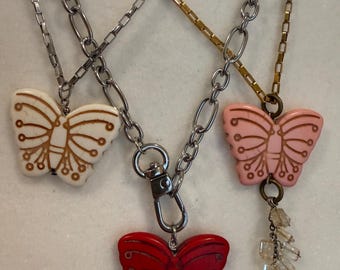 Handmade Stone Butterfly Pendant Necklace Set | Natural Stone, Glass, Wood Beads | Boho Jewelry