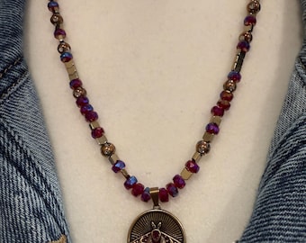 Purple Faceted Glass Moth Pendant Necklace | Bronze Tone Boho Statement Jewelry