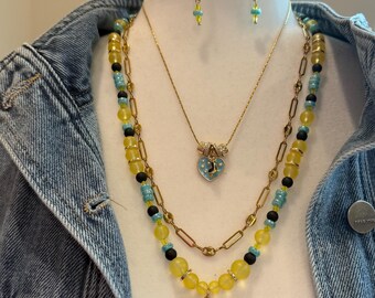 Layered Bee Charm Necklace Set | Gold Paperclip Chain, Blue Yellow Beads