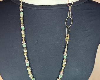 Handmade Beaded Necklace and Leaf Earrings Set | Mixed Metal, Vintage Gold Tones