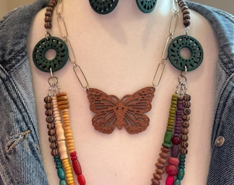 Wood Bead Butterfly Necklace and Earring Set | Boho Statement Jewelry, Colorful Natural Beads