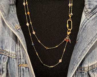 Handmade Gold Layered Necklace Set | Mixed Gemstone, Heart Clasp, Earrings