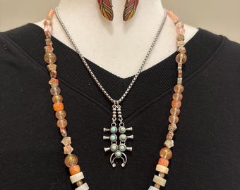 Boho Wood Feather Earrings, Glass Bead Star Stone Necklace, Stainless Steel Charm Necklace