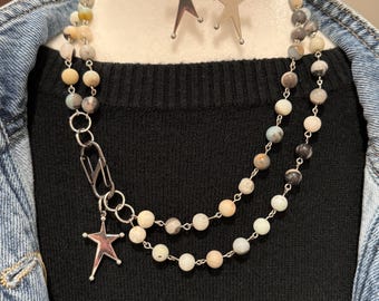Neutral Stone Double Strand Necklace Set with Silver Star Charm | Boho Minimalist Jewelry