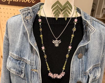Floral Glass Bead Necklace Set with Cow Pendant & Wood Leaf Earrings | Western Boho Style