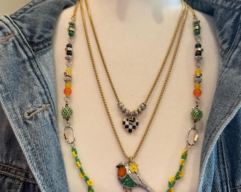 Layered Gold Bird Necklace Set with Floral Beaded Chains | Boho Jewelry