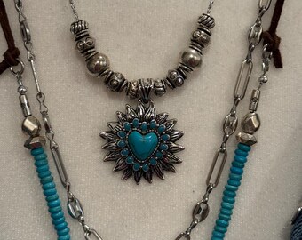 Turquoise Layered Necklace Set | Western Boho Leather Blue Heart Charm Jewelry