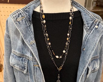 Gunmetal Gold Layered Necklace Set | Heart Charm, Faux Pearl Beads, Handmade Jewelry