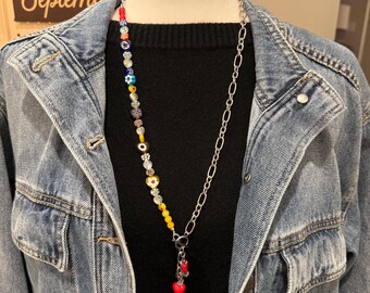 Millefiori Glass Heart Necklace | Asymmetrical Silver Chain, Handmade Jewelry