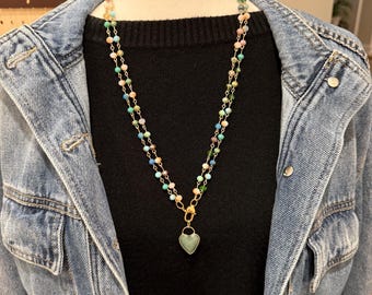 Green Heart Pendant Necklace | Colorful Faceted Beaded Double Strand Boho Jewelry
