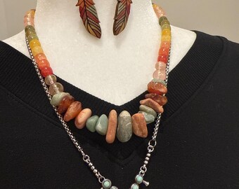 Boho Jewelry Set: Wood Feather Earrings, Glass Bead Stone Necklace, Stainless Steel Necklace