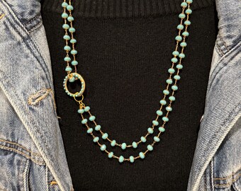 Turquoise Beaded Layered Necklace | Gold Circle Pendant, Boho Statement Jewelry