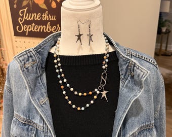 Gunmetal Star Necklace Set | Double Strand Beaded Jewelry | Handmade Boho Minimalist Style