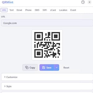 May include: Screenshot of the QRMint application interface. The URL field displays "Google.com" above a generated QR code. Buttons for "Copy" and "Save" are visible, along with options to customize, style, and add a logo.