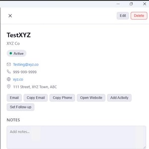 May include: Screenshot of a computer screen showing a software interface. The interface displays two rectangular boxes labelled "TestABC" and "TestXYZ". A sidebar on the right shows contact details for "TestXYZ", including an email address and phone number.