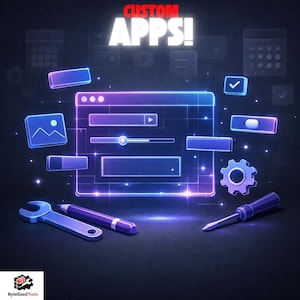 以下が含まれることがあります： 赤色の「CUSTOM APPS！」というテキストが入ったデジタルイラスト。レンチ、鉛筆、ドライバー、歯車など、さまざまなアイコン、スライダー、ツールを備えたユーザーインターフェースデザインが特徴で、すべて青と紫の色合いです。