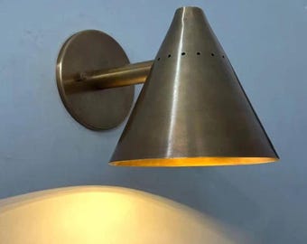 Mid Century Cone Shade Wall Sconce – Raw Brass Vanity Light for Modern Home Decor
