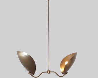 Mid Century Sputnik Chandelier - Raw Brass, Curved Disk Shades