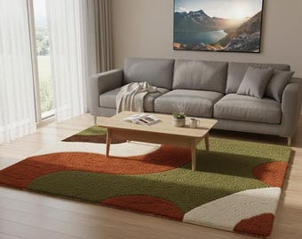 Retro Wavy Earth Tone Rug, Olive Green Rust Cream Brown Abstract Carpet, 70s Groovy