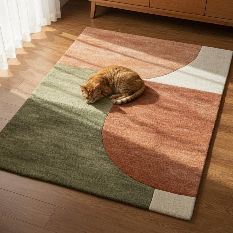 May include: A rectangular area rug with a geometric design in shades of green, peach, and white. An orange tabby cat is curled up on the rug. The rug is placed on a hardwood floor near a wooden cabinet.