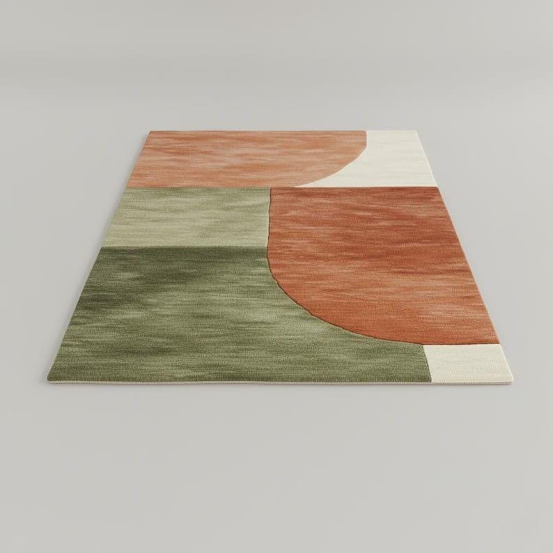 May include: A rectangular area rug with a geometric design. The rug features sections of muted colors, including rust, olive green, and cream. The design incorporates curved and rectangular shapes, creating a modern aesthetic. The rug is suitable for living rooms or bedrooms.