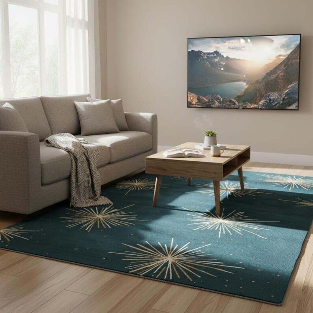 Starburst Rug Gold Teal Starburst Night Sky Rug, Modern Gold Firework Motif Hand Tufted ...