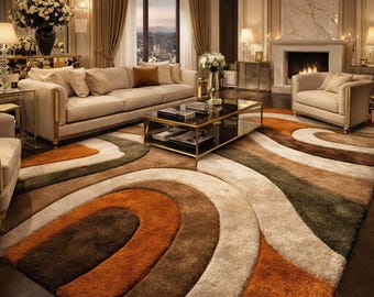 Hand Tufted Abstract Area Rug, Modern Wave Design Wool Rug, Earth Tone Designer Carpet for Living Room & Bedroom