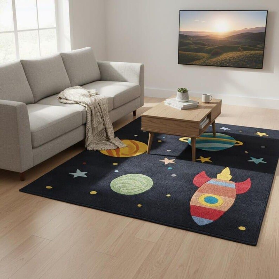 Kids Space Rocket Rug, Navy Blue Galaxy Area Carpet With Planets and ...