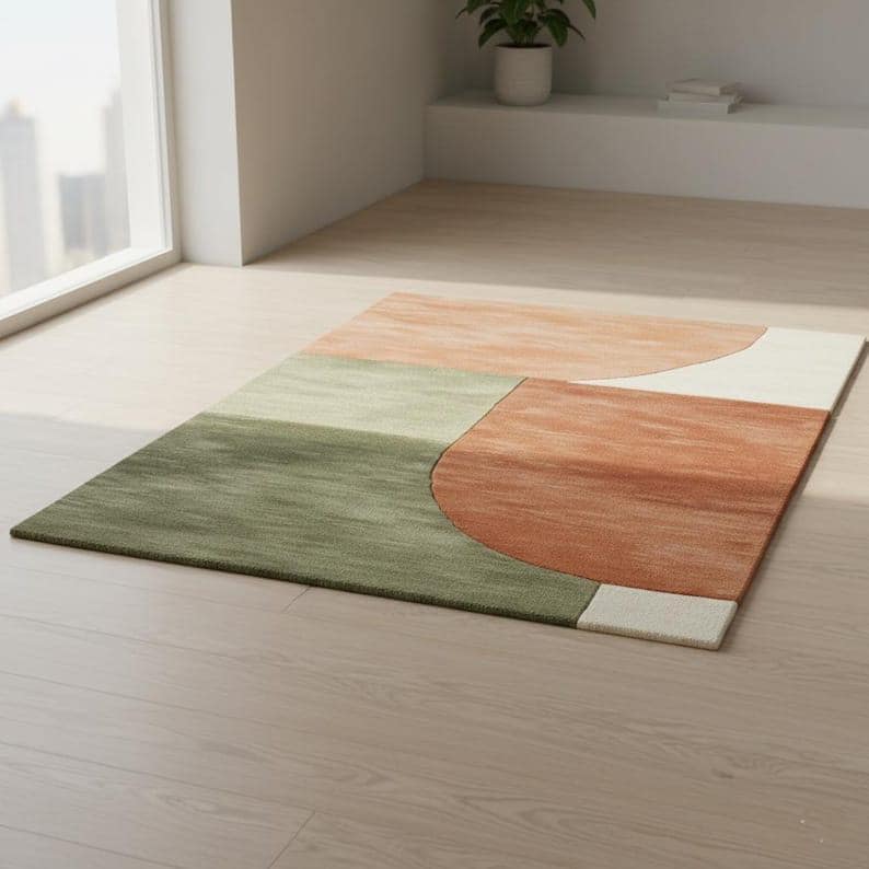May include: A rectangular area rug with a geometric design. The rug features sections of green, peach, rust, and off-white. The rug is placed on a light-colored wooden floor, near a window.