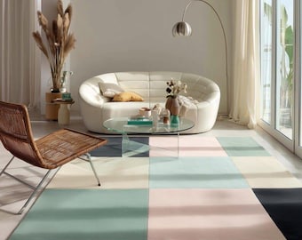 Pastel Color Block Checker Rug, Sage Green Blush Pink and Cream Geometric Flatweave Carpet, Modern Scandinavian Living Room and Bedroom