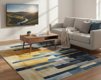 Modern Abstract Geometric Rug, Blue Yellow Living Room Area Carpet, Contemporary Minimalist Floor Decor