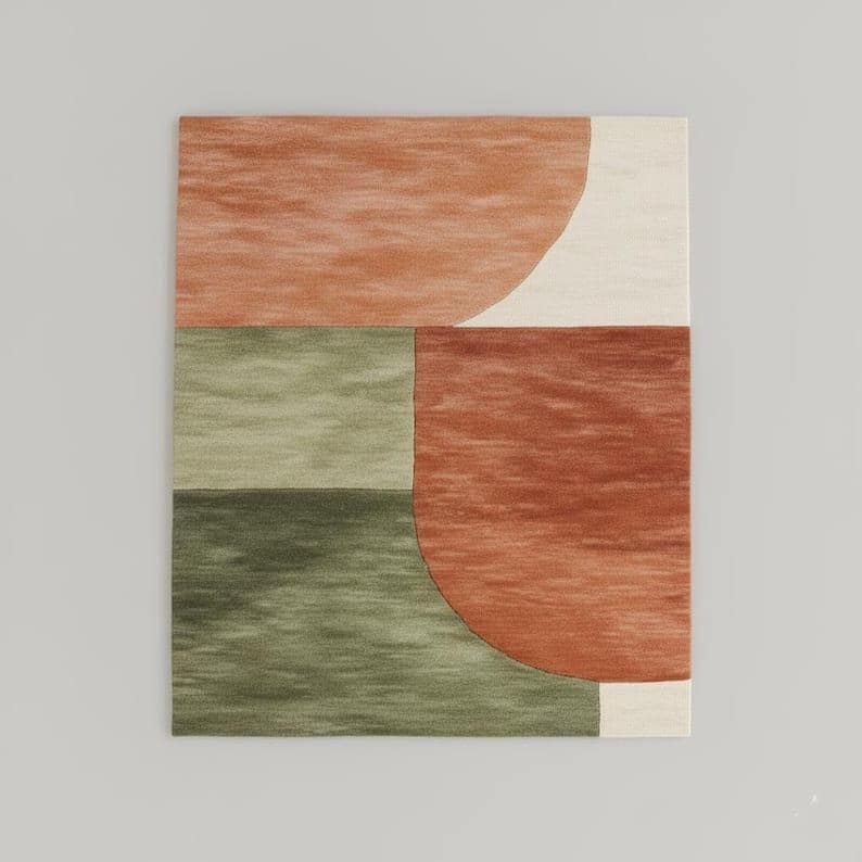 Modern Terracotta Sage Green Rug, Abstract Geometric Carpet, Minimal Earth Tone Living Room Decor image 2