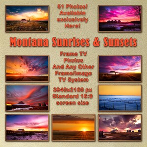 May include: A collection of framed landscape photographs featuring vibrant Montana sunrises and sunsets. The images showcase colorful skies, fields, and buildings. Text on the image reads "Montana Sunrises & Sunsets".