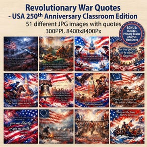 Op de afbeelding: Een verzameling van 51 digitale JPG-afbeeldingen met citaten uit de Amerikaanse Onafhankelijkheidsoorlog, ontworpen voor gebruik in de klas. De afbeeldingen tonen patriottische thema's, de Amerikaanse vlag, historische figuren en beroemde citaten. Inclusief een werkblad voor primaire bronanalyse.