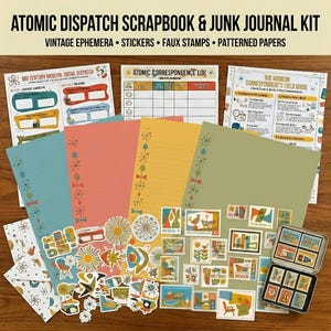 Printable Retro Ephemera Pack - Atomic Dispatch Junk Journal Kit, MCM Scrapbooking Paper, Faux Stamps & Stickers, Mid Century Digital Art