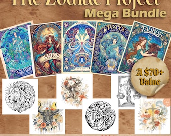 Zodiac Project Mega Bundle | 360+ Astrology Graphics | All 12 Signs Art Nouveau Posters & Clipart | Celestial Design Kit | Commercial Use