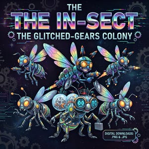 May include: Digital artwork featuring robotic insects with colorful wings and gear-like bodies. The image includes the text "THE IN-SECT" and "THE GLITCHED-GEARS COLONY". The insects are depicted with ray guns and other futuristic elements, set against a dark, starry background.