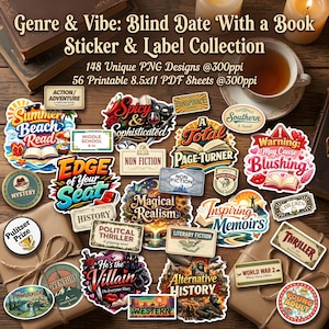 May include: A selection of stickers and labels with a book theme. The stickers feature various designs, including text like "Thriller," "Non Fiction," and "Magical Realism." The image also includes a cup of tea and wrapped gifts.