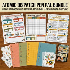May include: The "Atomic Dispatch Pen Pal Bundle" includes 31 pages, printable envelopes, stickers, faux stamps, and stationery in four colours. The bundle features mid-century modern designs and the text "Atomic Dispatch Pen Pal Bundle".