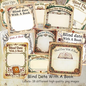 May include: A selection of vintage-style labels, each bearing the text "Blind Date With A Book." The labels have decorative borders, illustrations of books, and other embellishments. One label includes the text "EST. 1800s." The image shows 18 different labels.