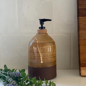 Wheel Thrown Stoneware Soap Dispenser, Rustic Farmhouse Pottery, Honey Glaze Bathroom Decor