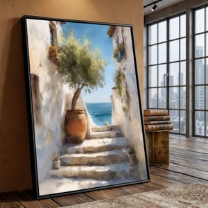 Stampa su tela con vista sul Mar Mediterraneo, ulivo in vaso di terracotta, strada costiera, paesaggio estivo.