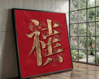 書道アート作品 赤い背景 茶色のフレーム 約40cm x 40cm Ichigo ichie 一期一会 - 黒紙に金墨で描いた日本の書道アート - 日本