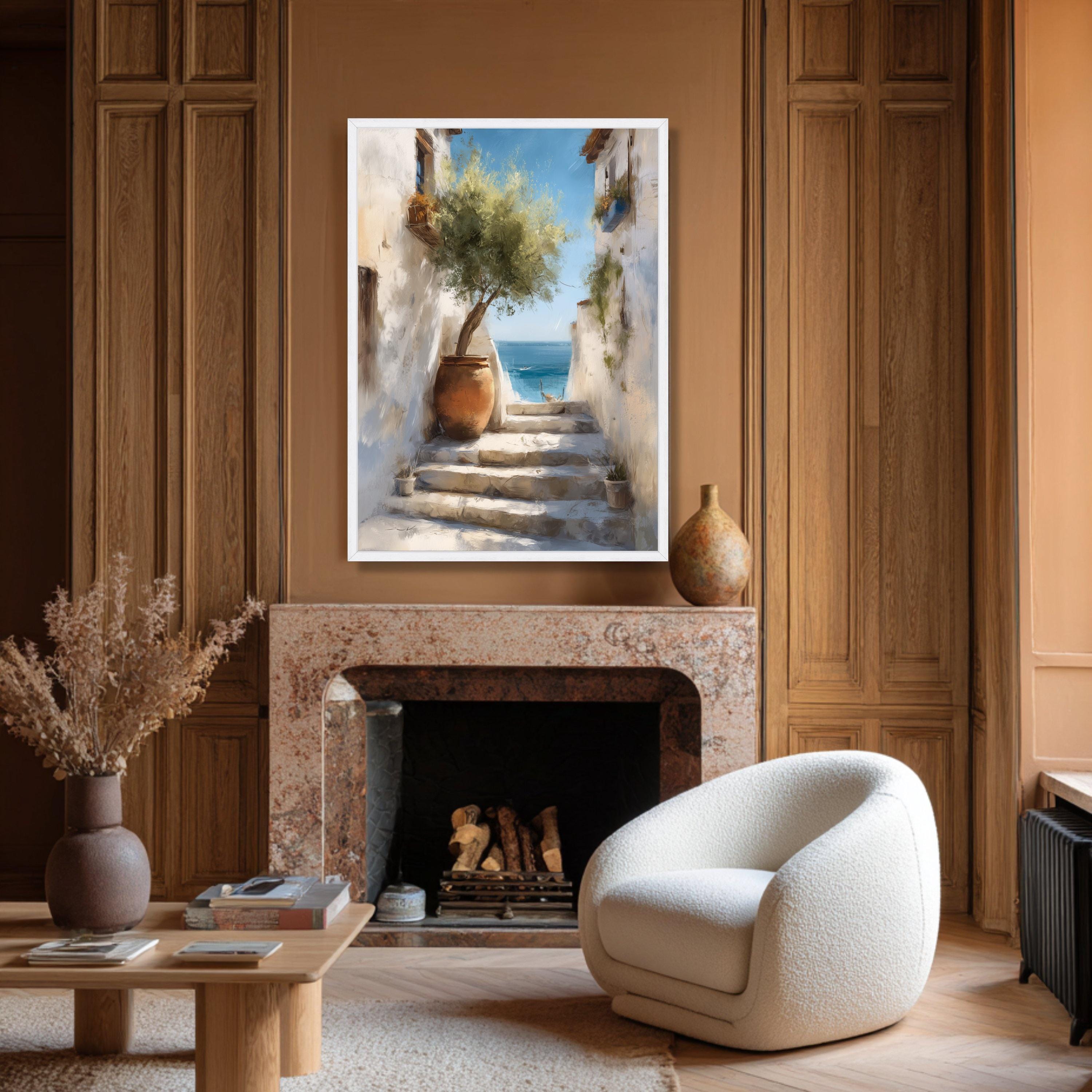 Mediterranean Sea View Canvas Print, Olive Tree Clay Pot, Coastal ...