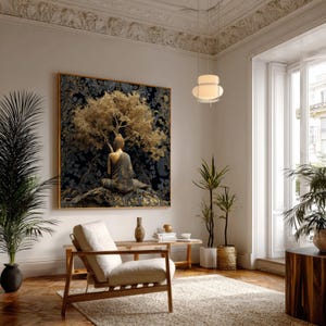 May include: A large framed artwork depicts a golden Buddha under a golden tree against a dark floral background. The room features a wooden chair, a small table, and potted plants, creating a serene and inviting atmosphere. The room has a neutral color palette.