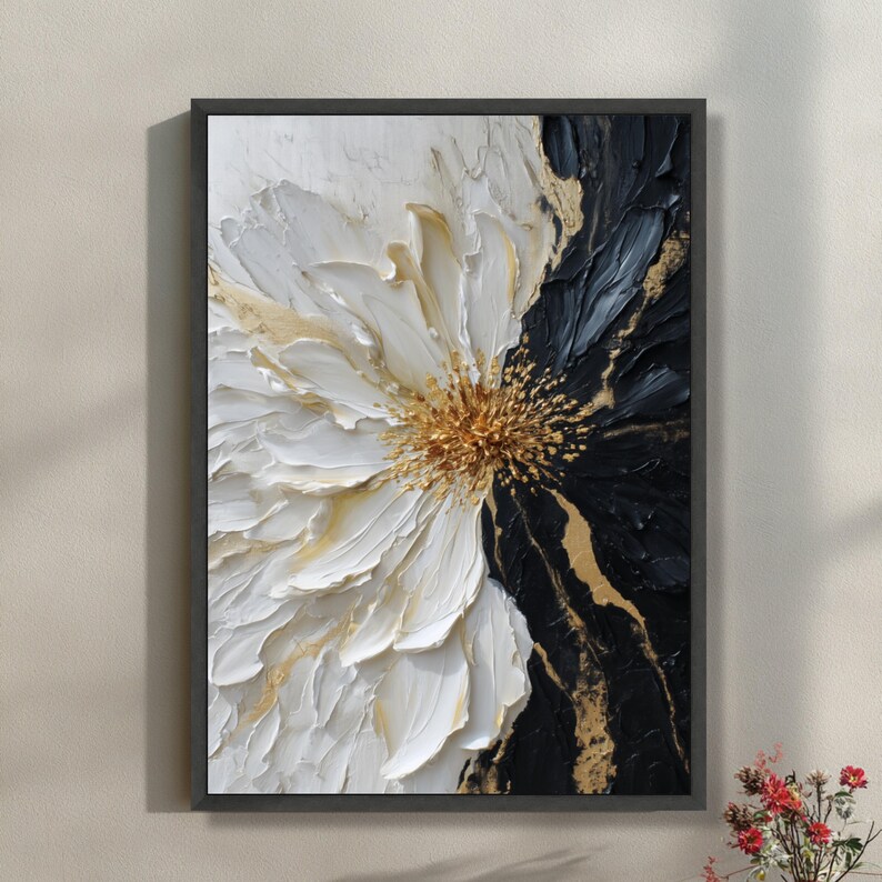 Black and White Floral Wall Art Canvas Print – Gold Accent Modern ...
