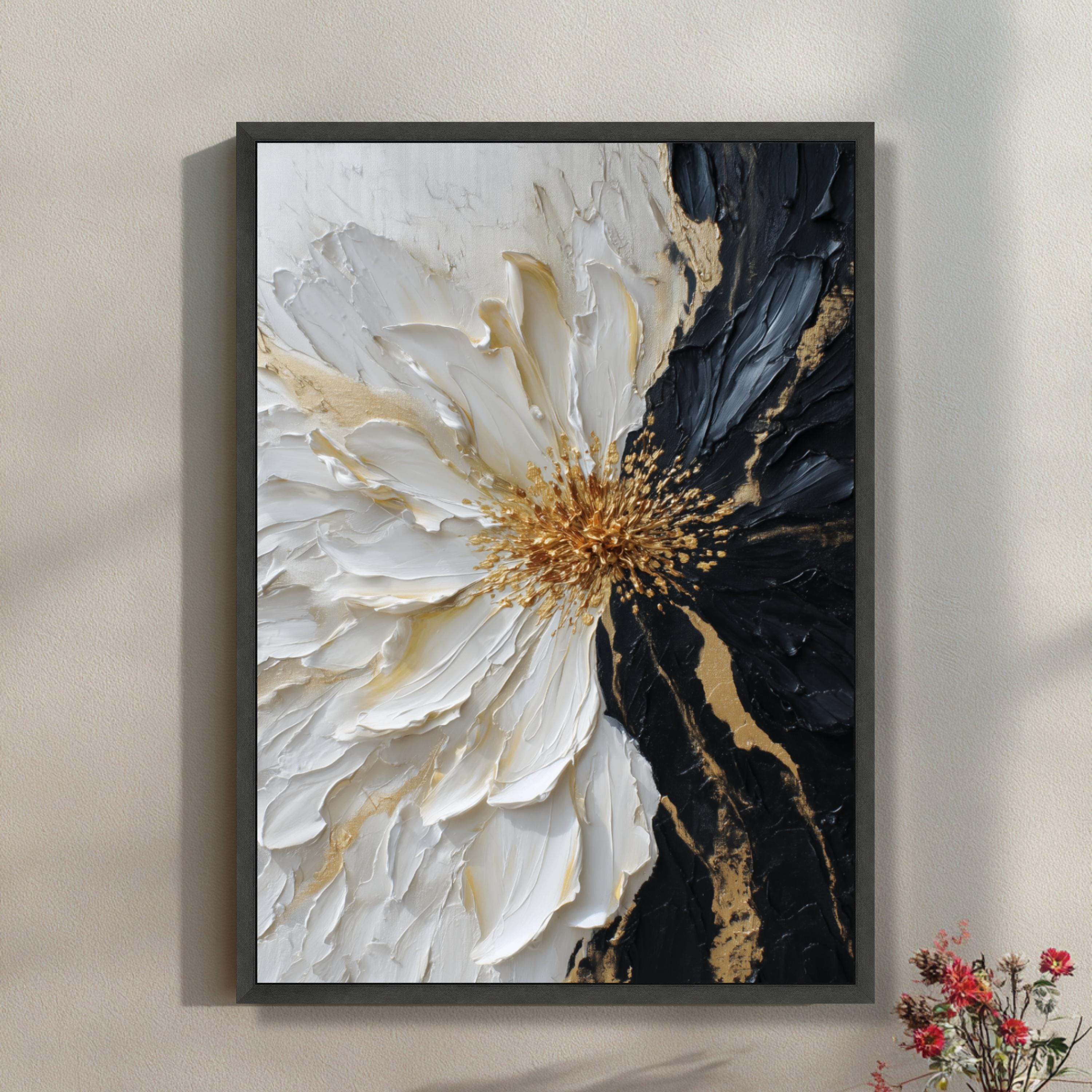 Black and White Floral Wall Art Canvas Print – Gold Accent Modern ...